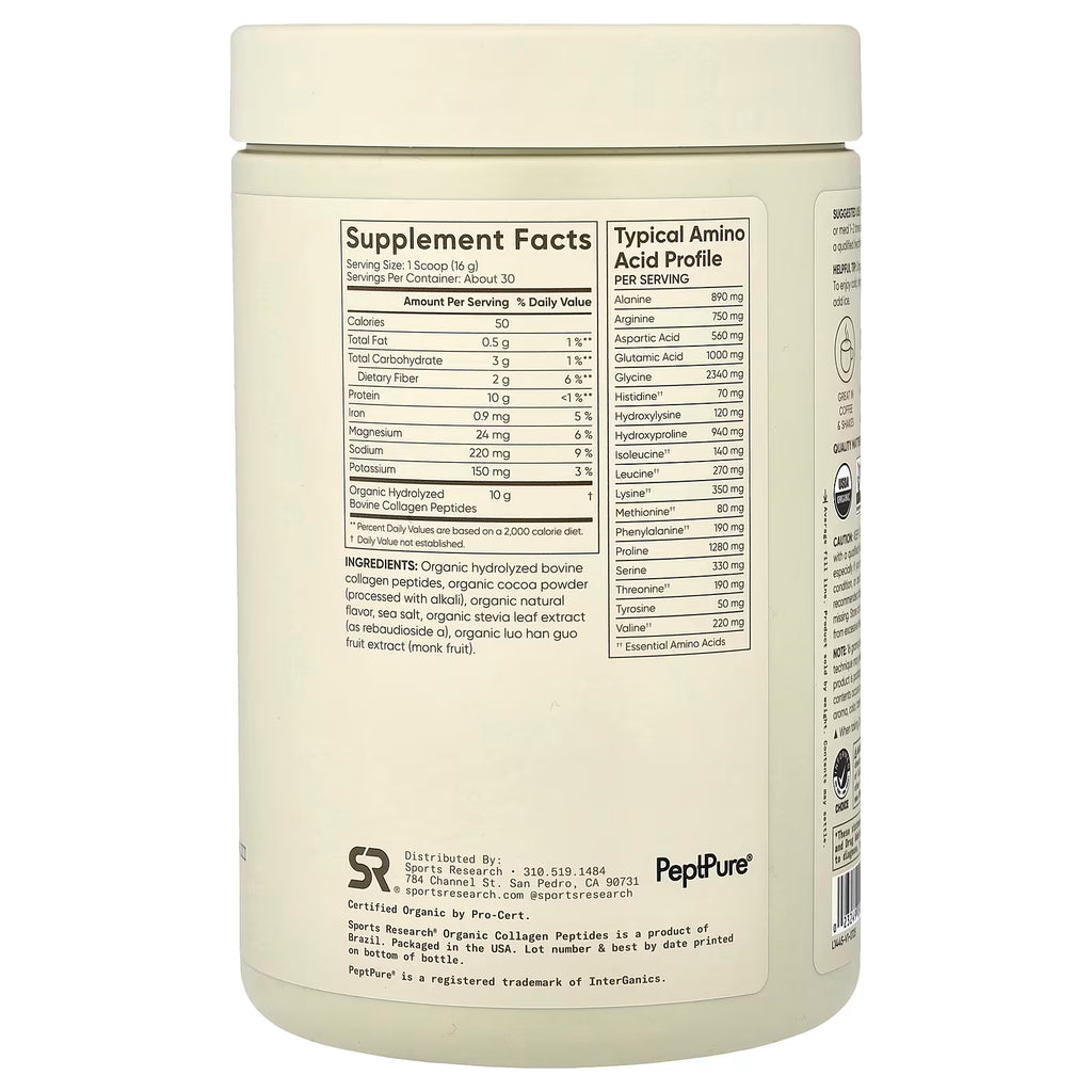 Colágeno Hidrolizado Sports Research Chocolate Negro | 640 g | 40 Porciones