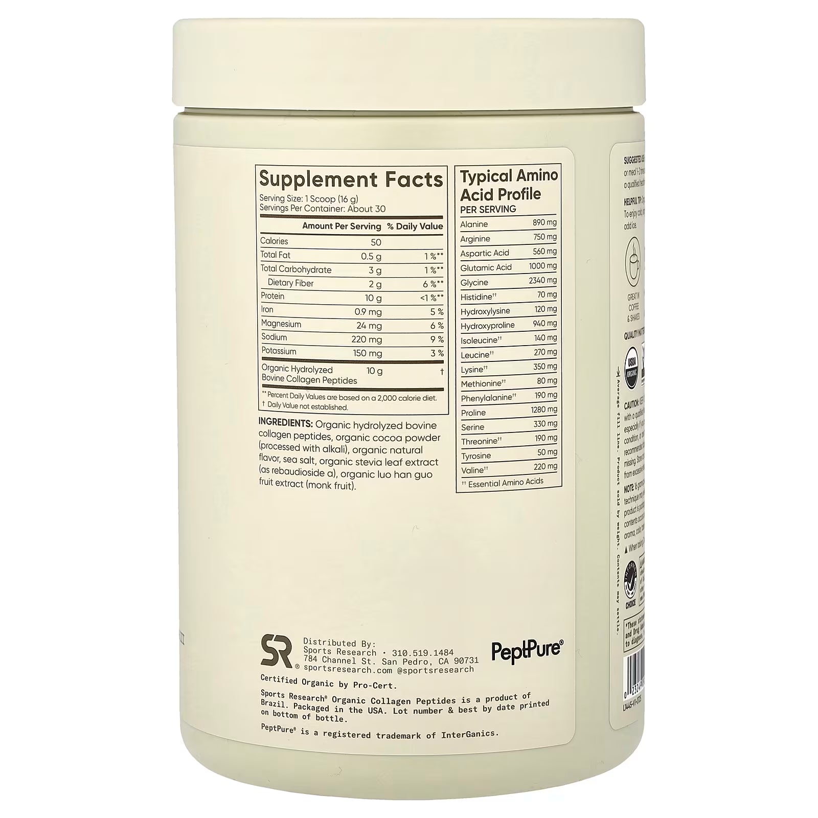 Colágeno Hidrolizado Sports Research Chocolate Negro | 640 g | 40 Porciones
