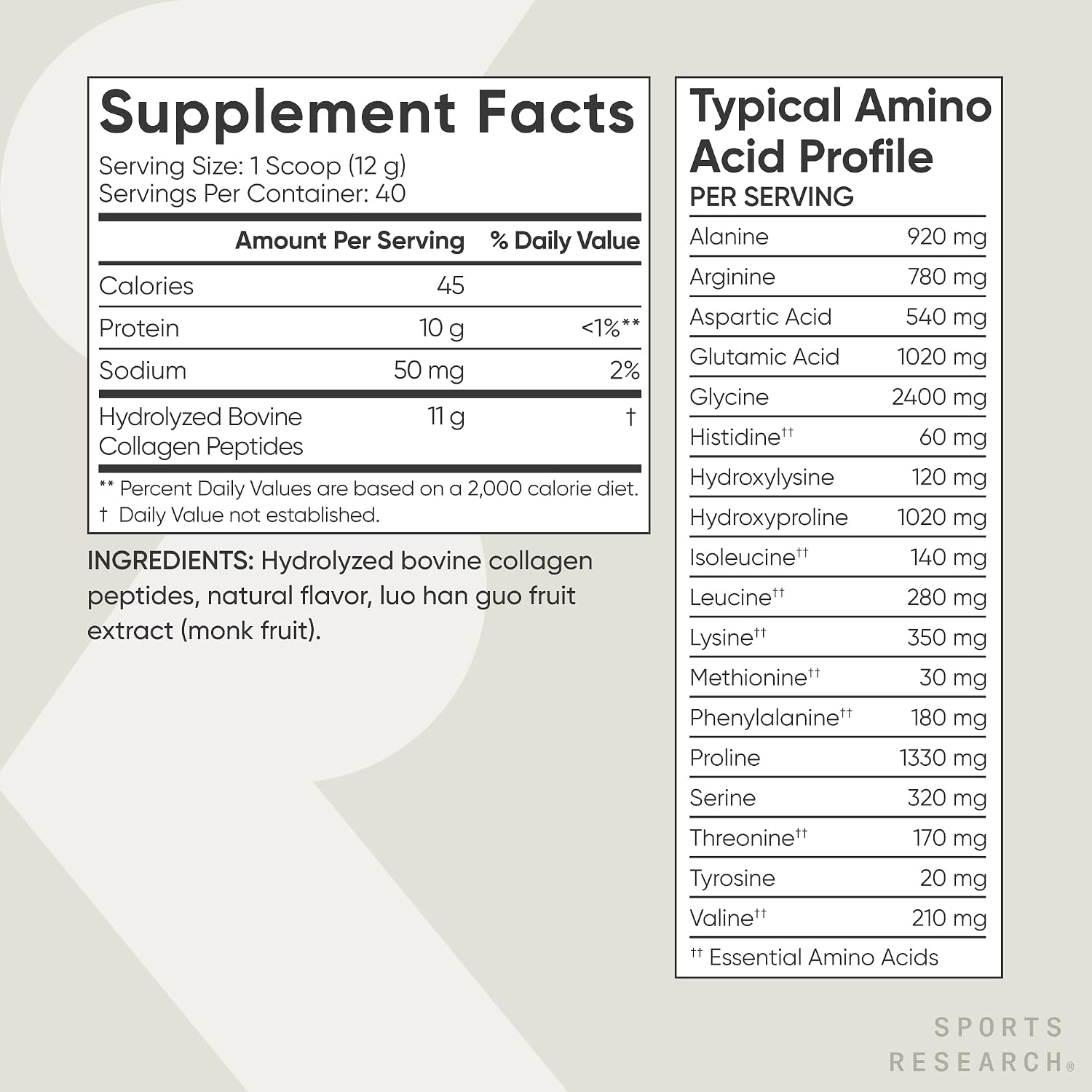 Colágeno Hidrolizado Sports Research Vainilla | 480 g | 40 Porciones