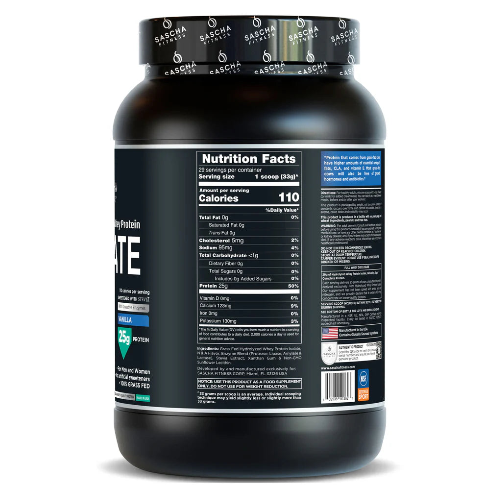 Proteína Whey Isolate Hidrolizada Sascha Fitness – Vainilla