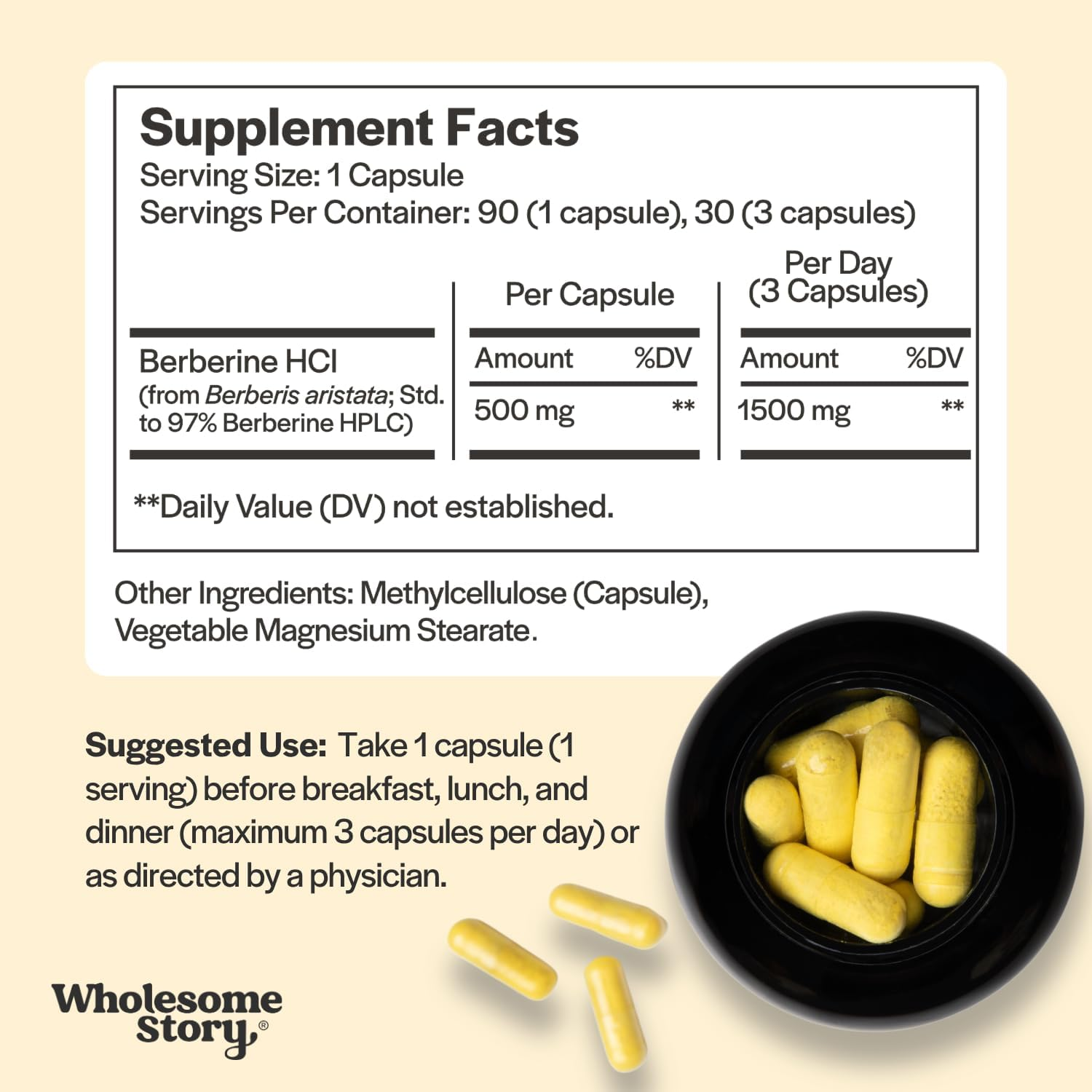 Wholesome Story Berberina HCl 1500 mg – 500 mg por Cápsula, 90 Cápsulas