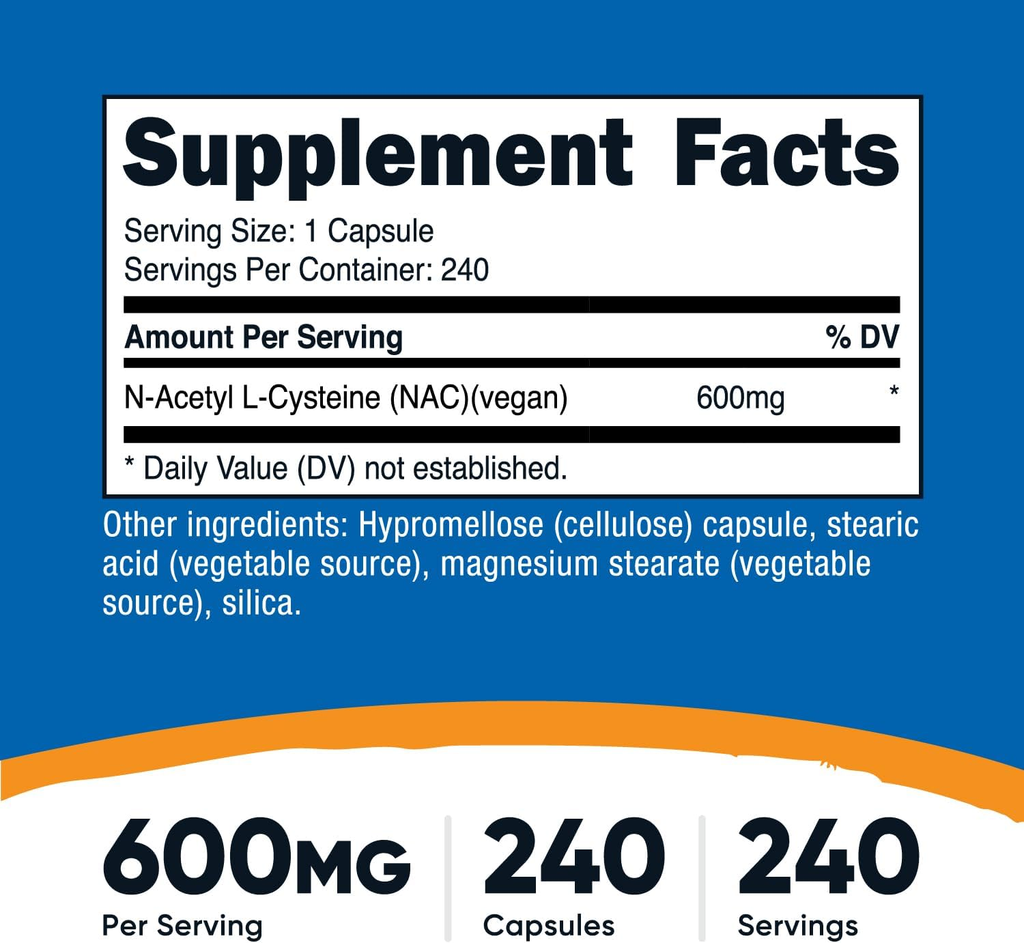 Nutricost NAC 600 mg – N-Acetil L-Cisteína, 240 Cápsulas Vegetarianas