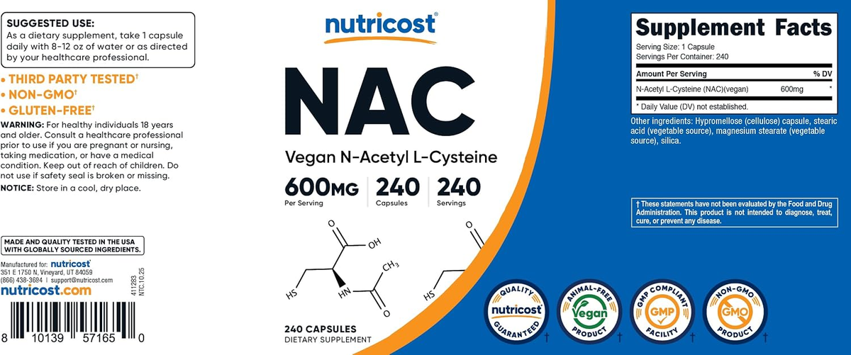 Nutricost NAC 600 mg – N-Acetil L-Cisteína, 240 Cápsulas Vegetarianas