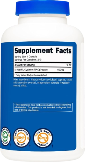 Nutricost NAC 600 mg – N-Acetil L-Cisteína, 240 Cápsulas Vegetarianas
