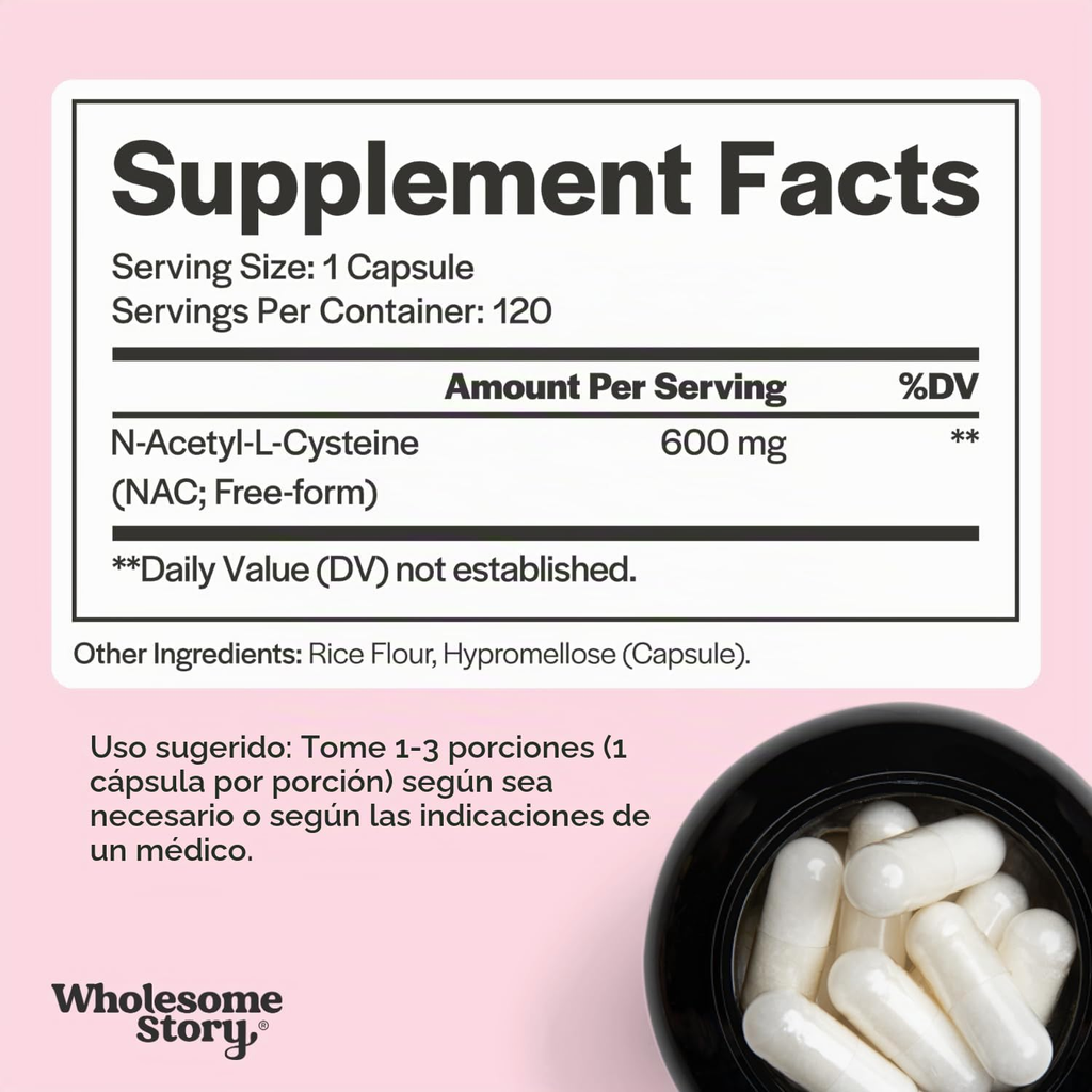 Wholesome Story NAC 600 mg – N-Acetil L-Cisteína, 120 Cápsulas Veganas