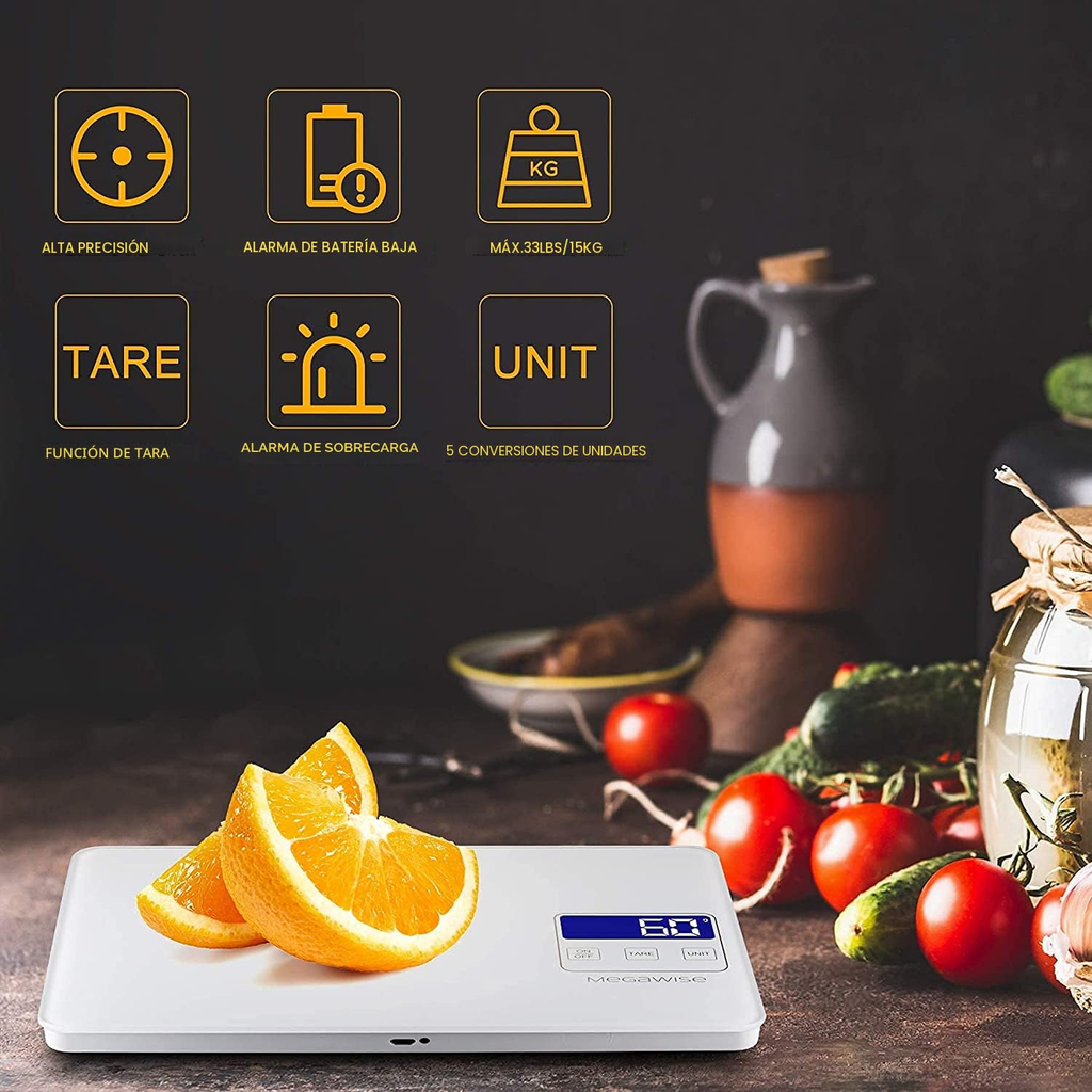 MEGAWISE Báscula Digital de Cocina Recargable – 33 lb, Alta Precisión
