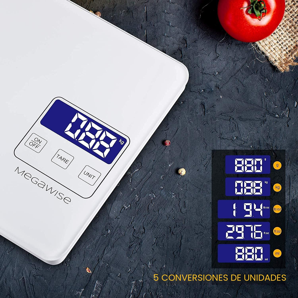 MEGAWISE Báscula Digital de Cocina Recargable – 33 lb, Alta Precisión