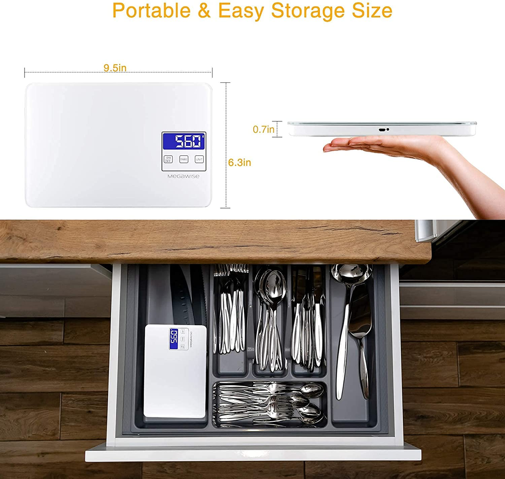 MEGAWISE Báscula Digital de Cocina Recargable – 33 lb, Alta Precisión