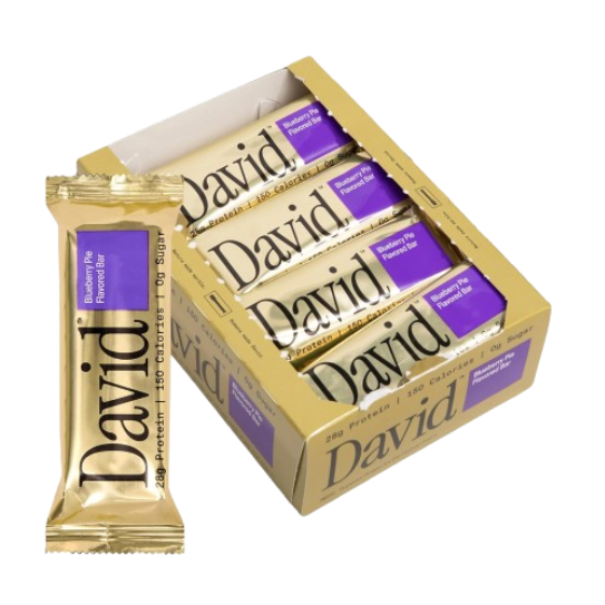 David Barras de Proteína 28 g – Sin Azúcar, Sin Gluten | Pastel de Arándanos | 12 Unidades