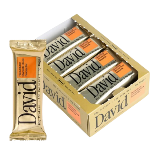 David Barras de Proteína 28 g – Sin Azúcar, Sin Gluten | Chocolate y Mantequilla de Maní | 12 Unidades
